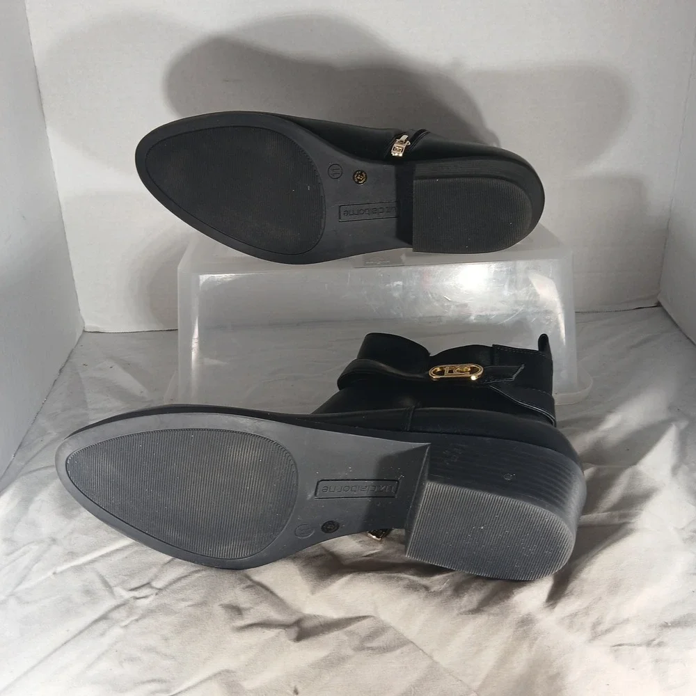 Liz Claiborne‎ Ankle Boots 11 Black Gold Buckle Strap Block Heel Zip Booties